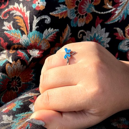 92.5 Sterling Silver Blue Butterfly Adjustable Mystic Ring